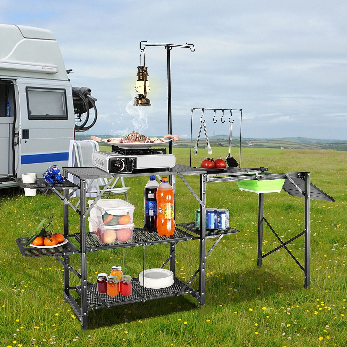 VEVOR Aluminum Folding Camping Table with Lamp Pole and Carry Bag