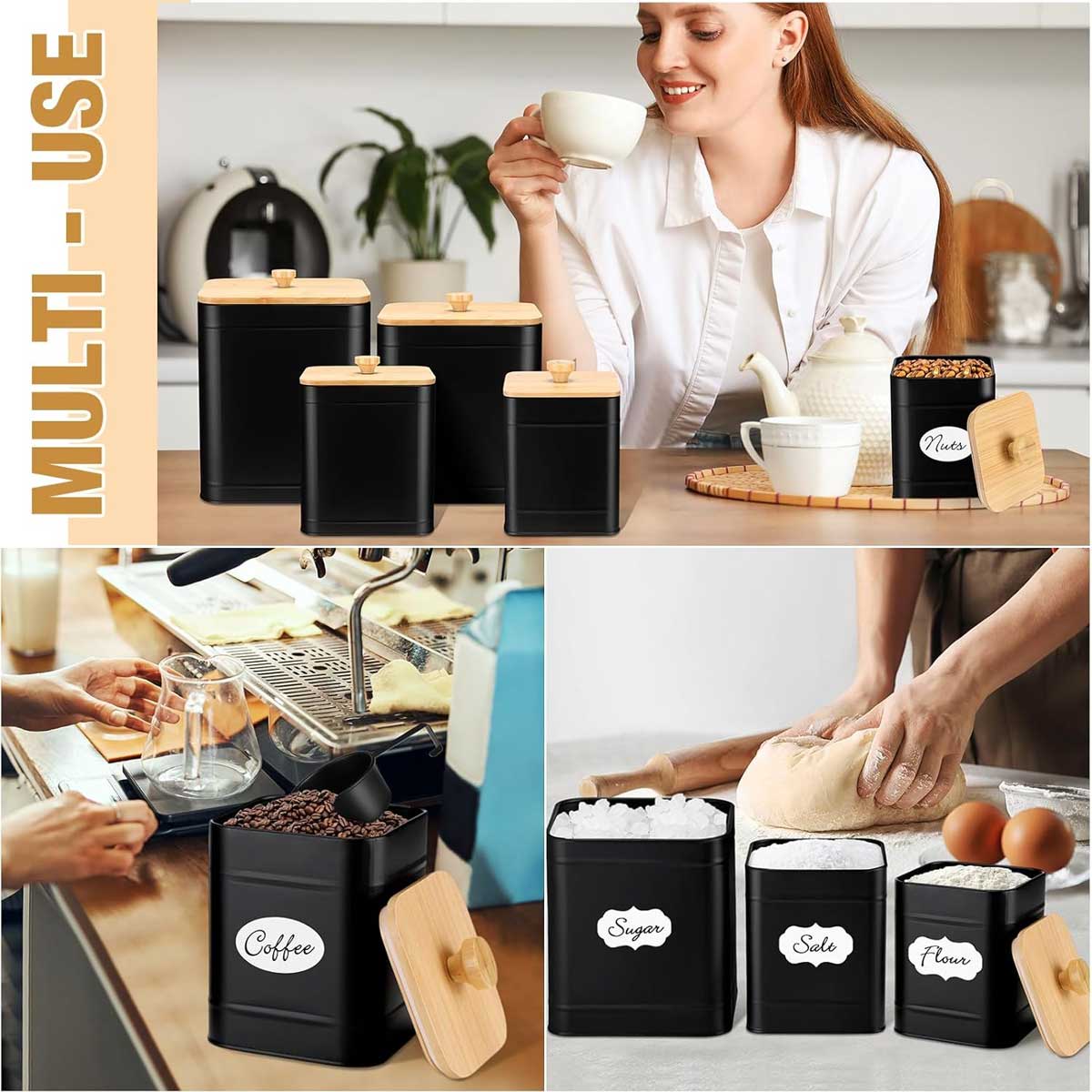 5-Piece Metal Kitchen Canister Set with Bamboo Lids