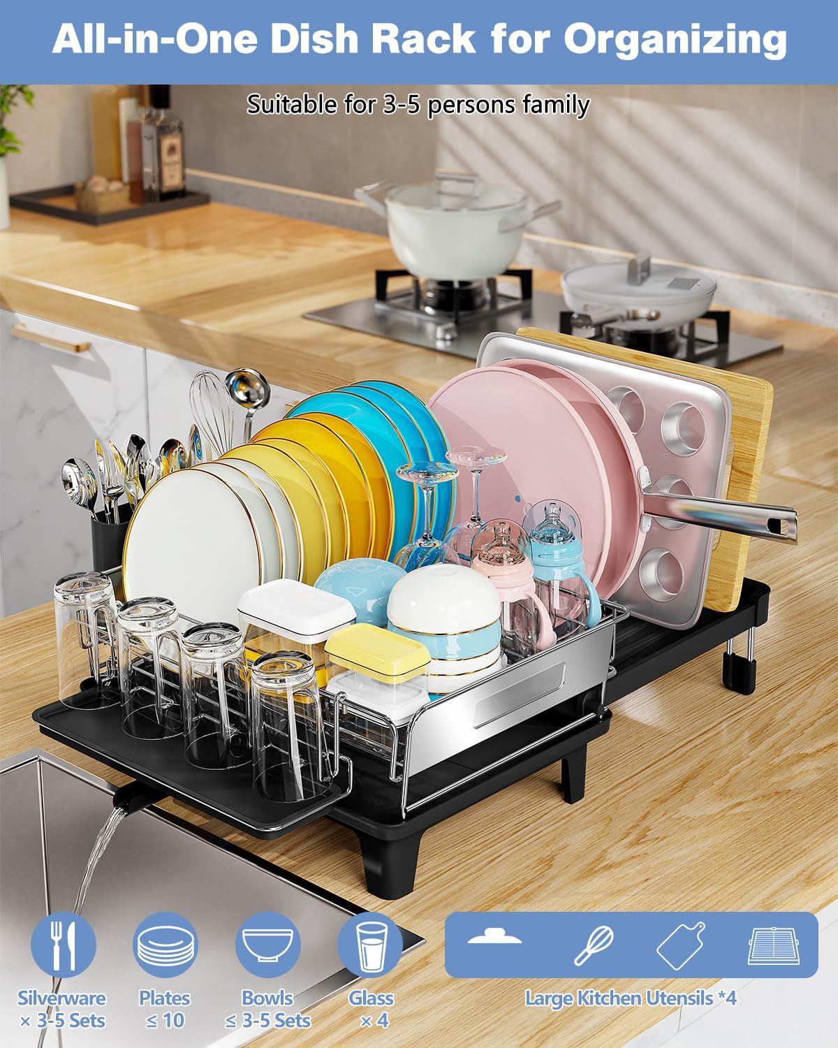Expandable 304 Stainless Steel Dish Drying Rack with Retractable Drainboard