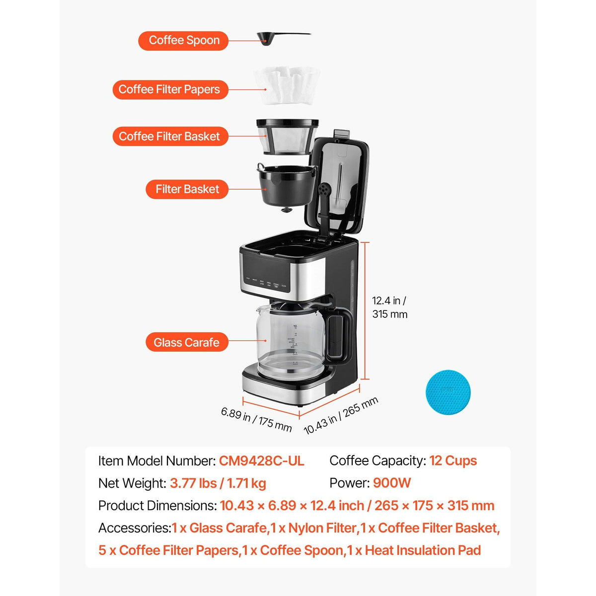 VEVOR 12-Cup Programmable Drip Coffee Maker