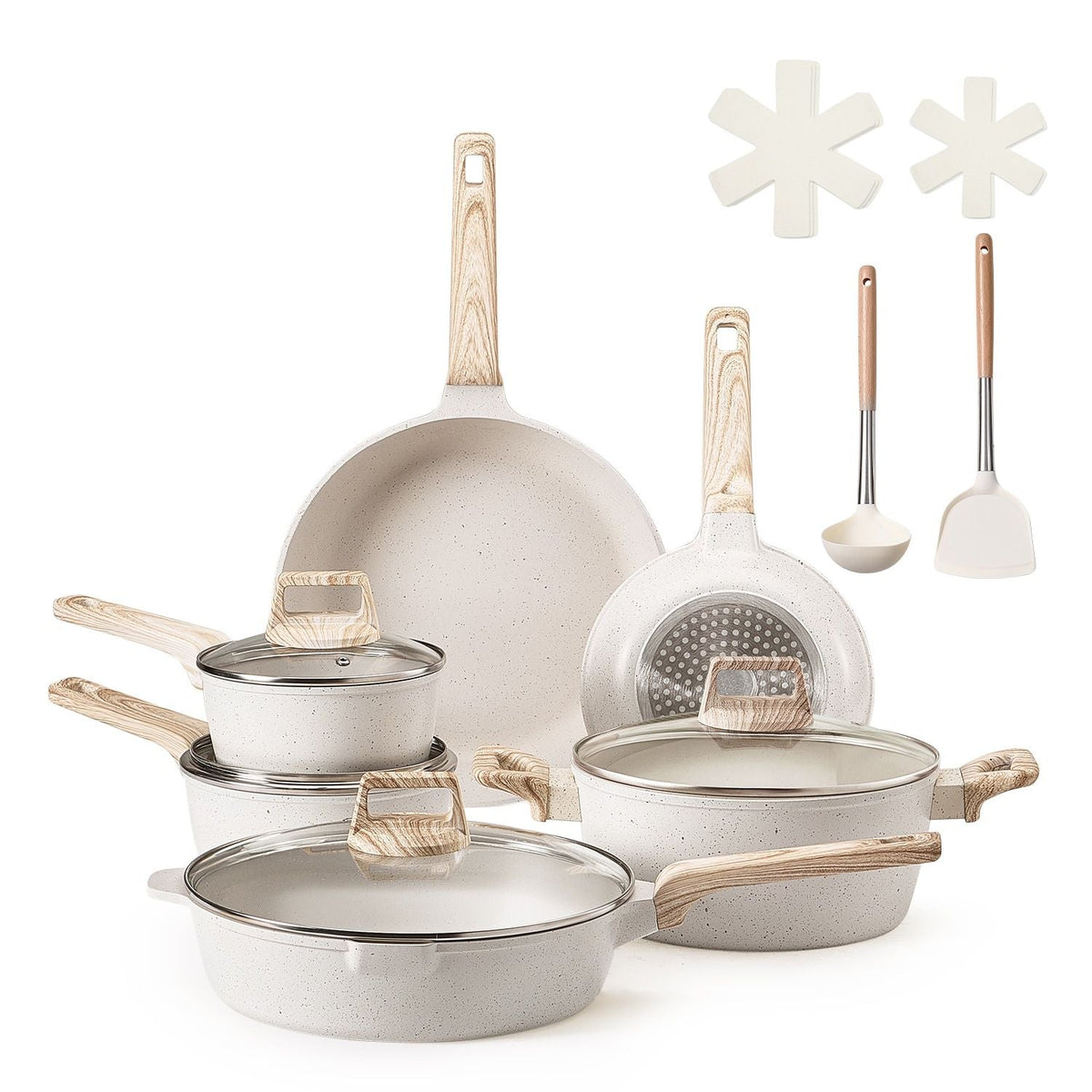 VEVOR 17-Piece Granite Nonstick Cookware Set with Lids White