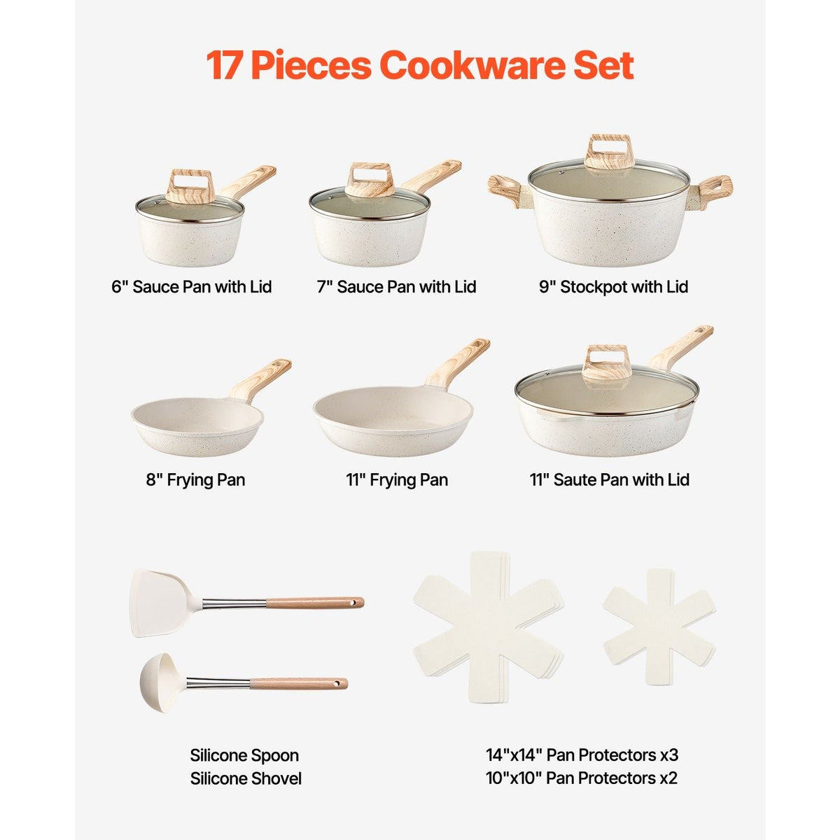 VEVOR 17-Piece Granite Nonstick Cookware Set with Lids White