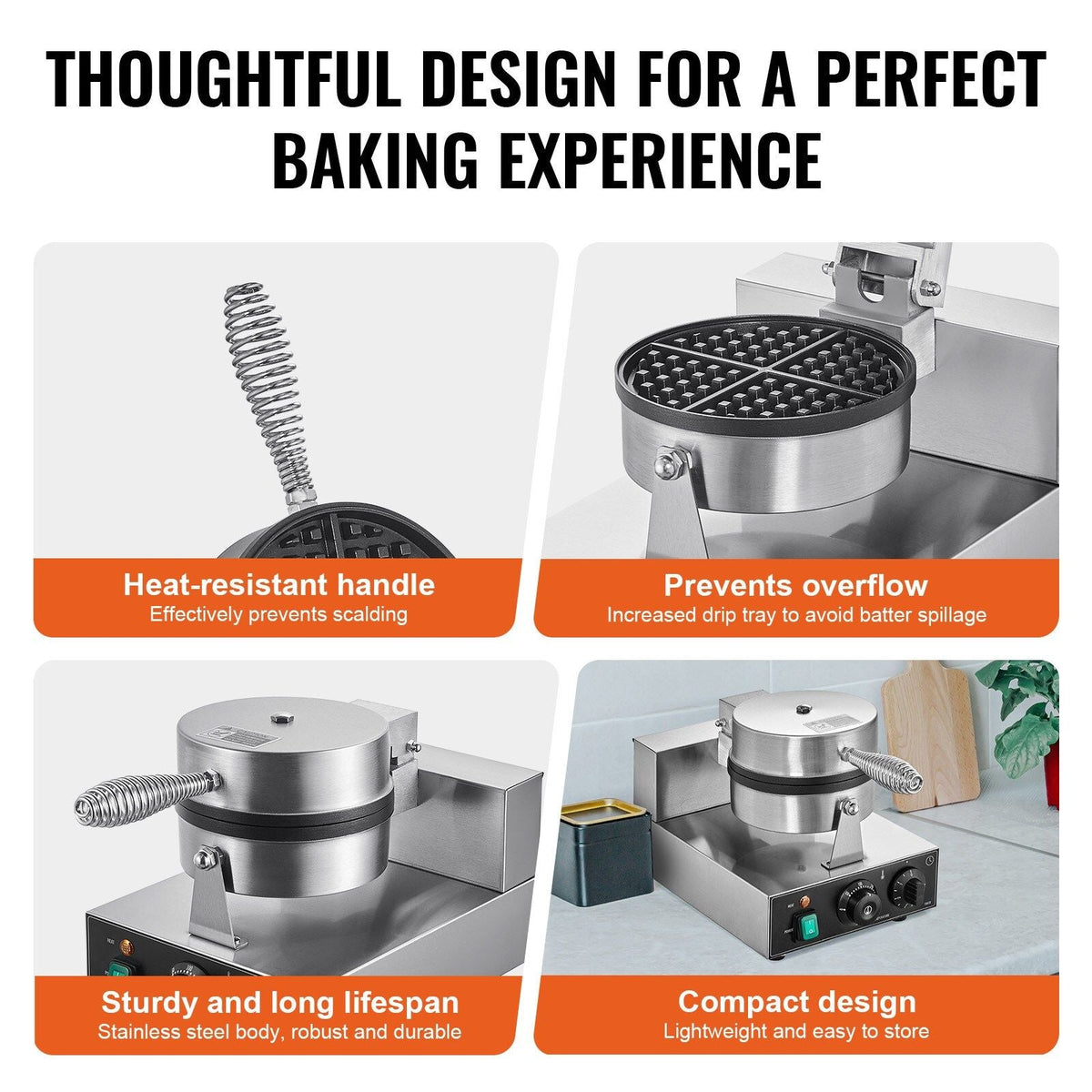 VEVOR 1230W Commercial Belgian Waffle Maker Stainless Steel