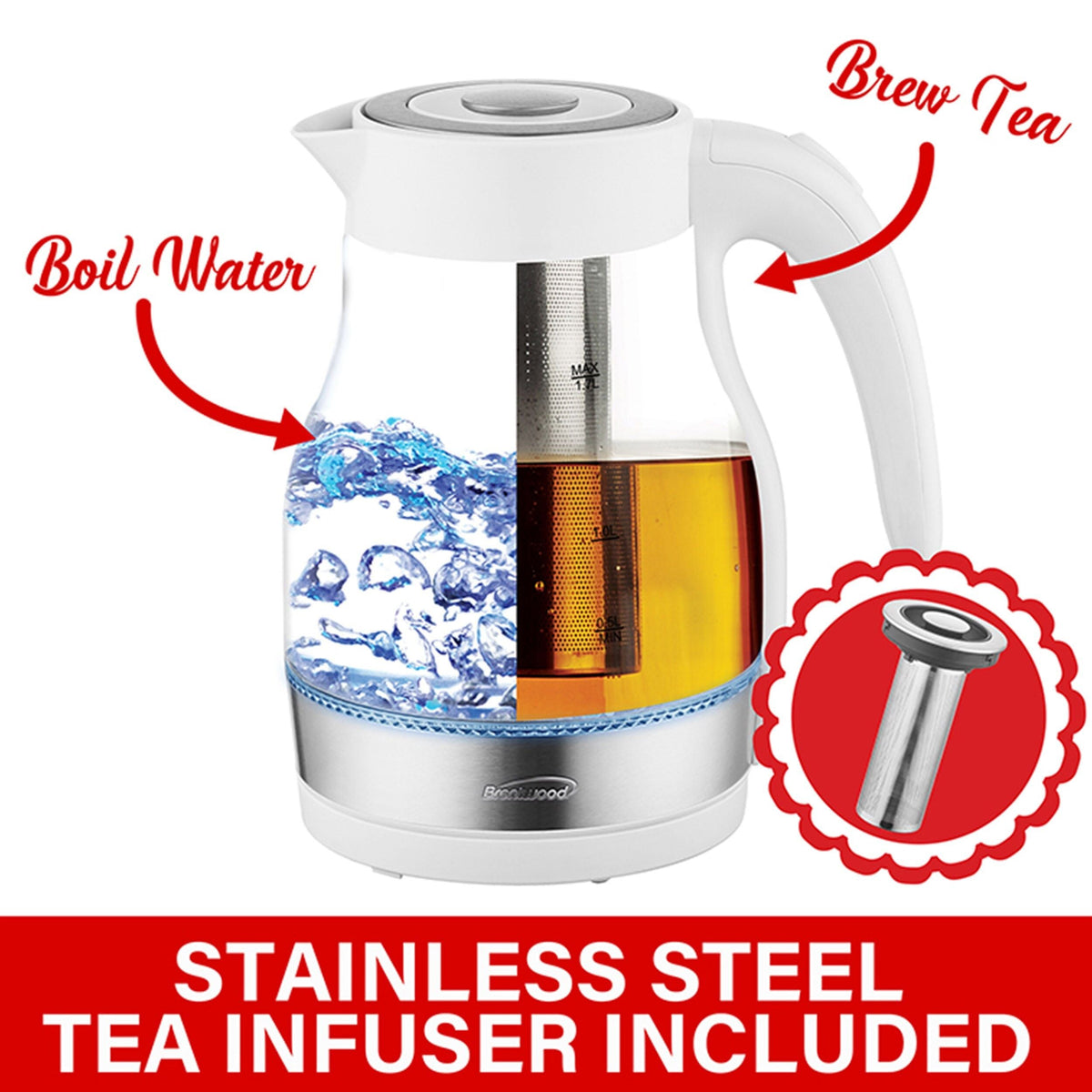 Brentwood 1.8-Quart Glass Electric Kettle with Tea Infuser in White