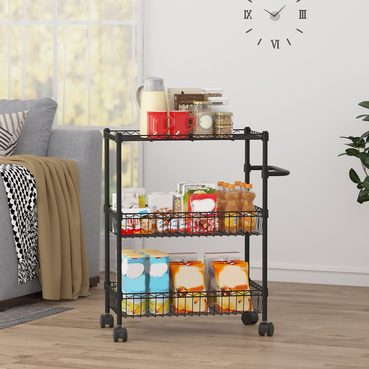 DEXSO Black 3-Tier Metal Rolling Utility Cart J8-F6NA8DCTBTJ
