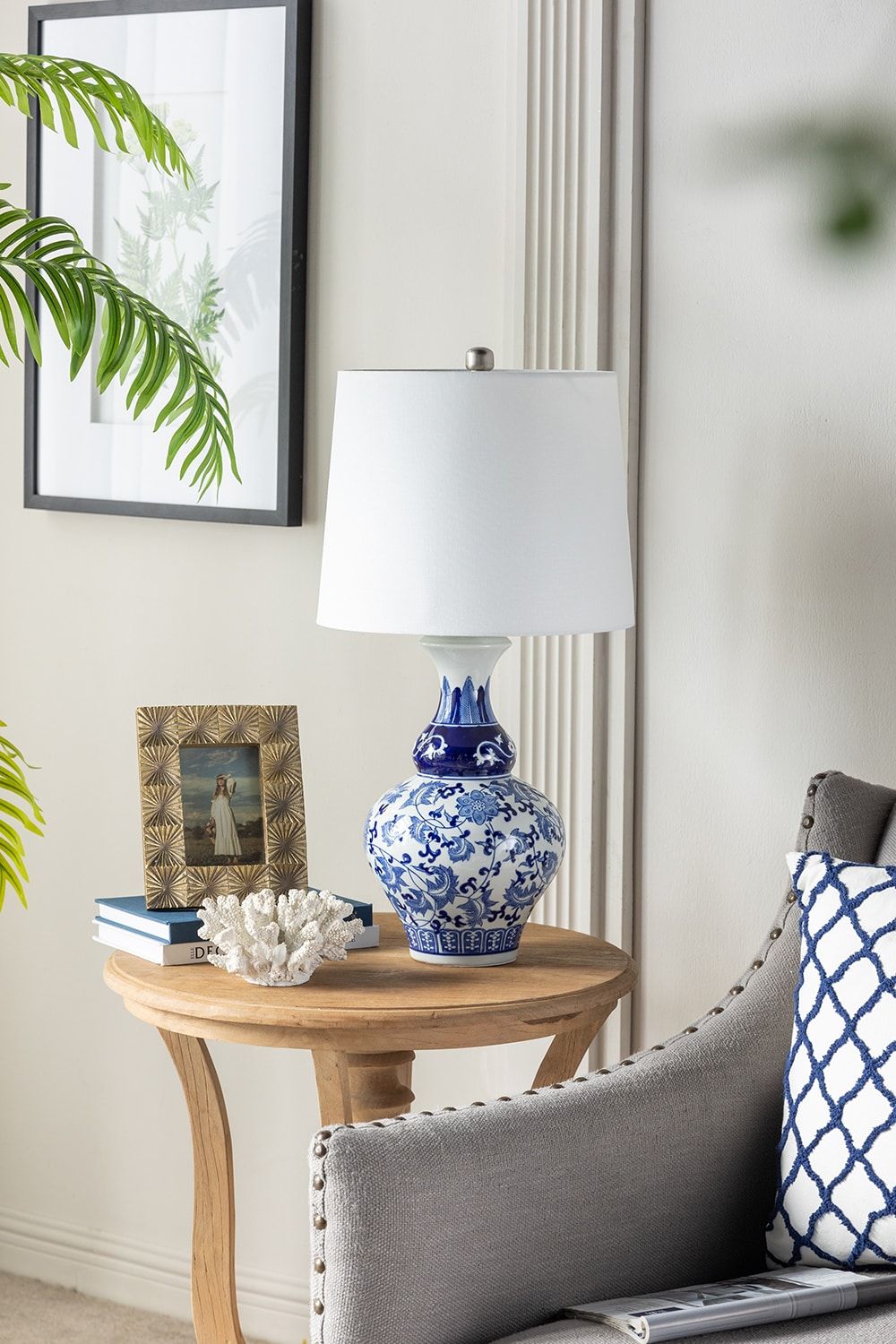 Blue and White Ceramic Vase Table Lamp with White Linen Shade