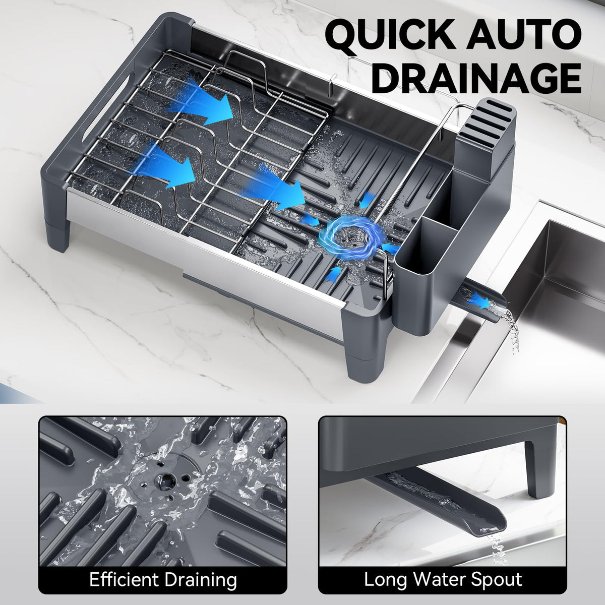 Expandable Stainless Steel and Aluminum Dish Drying Rack with Utensil Holder