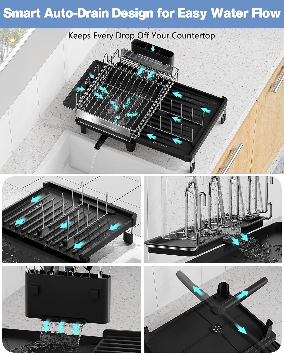 Expandable 304 Stainless Steel Dish Drying Rack with Retractable Drainboard