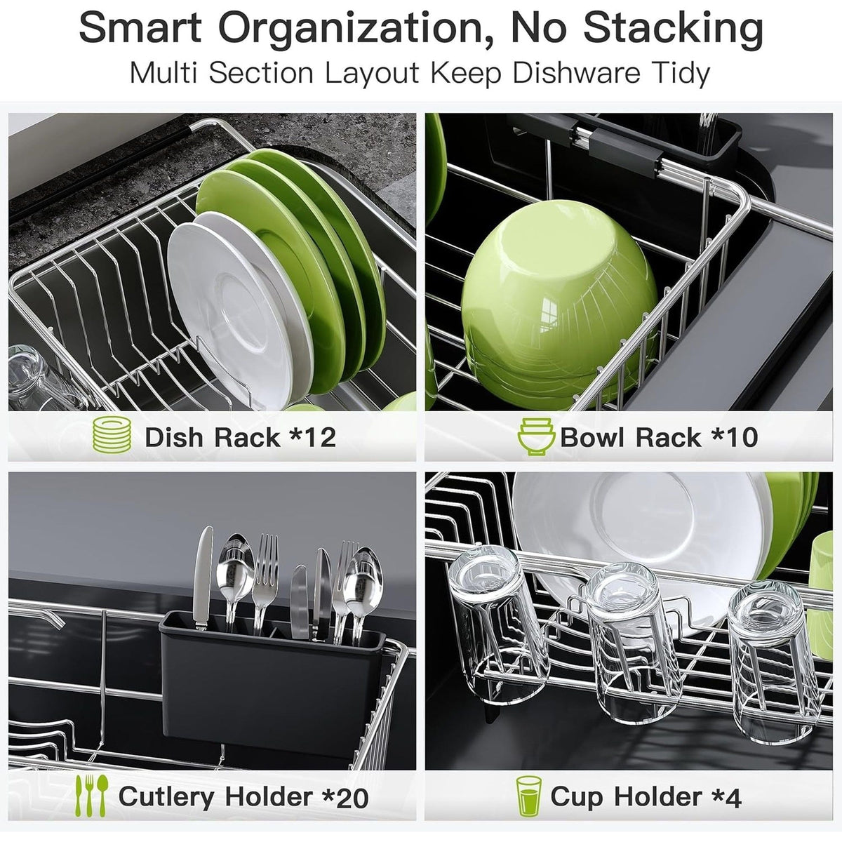 Expandable Stainless Steel Dish Drying Rack with Utensil Holder