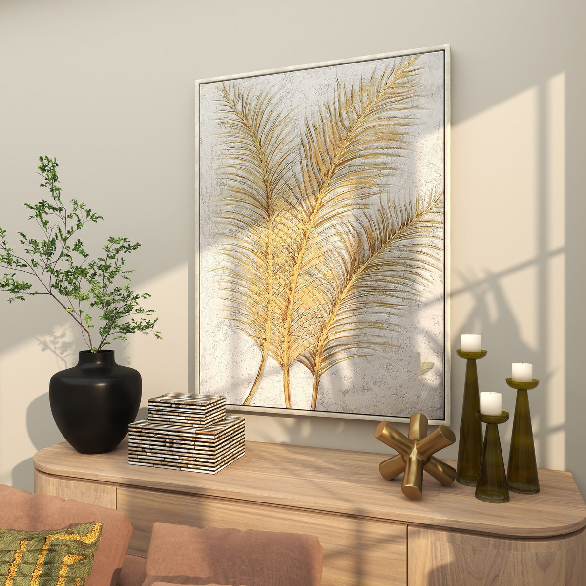 CosmoLiving by Cosmopolitan Gold Canvas Leaf Framed Wall Art 43978