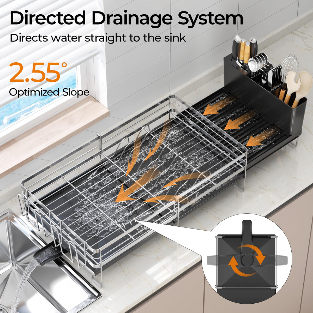 Stainless Steel Expandable Dish Drying Rack with Drainboard
