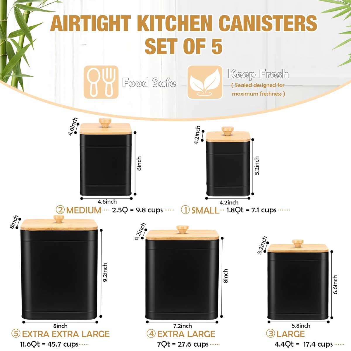 5-Piece Metal Kitchen Canister Set with Bamboo Lids