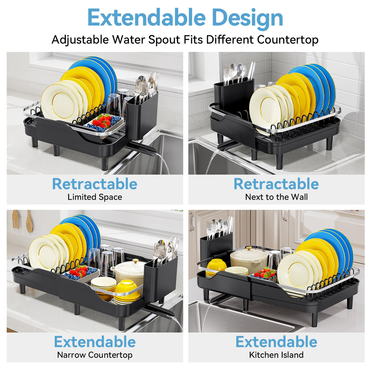 Expandable Stainless Steel Dish Drying Rack with Spout Black