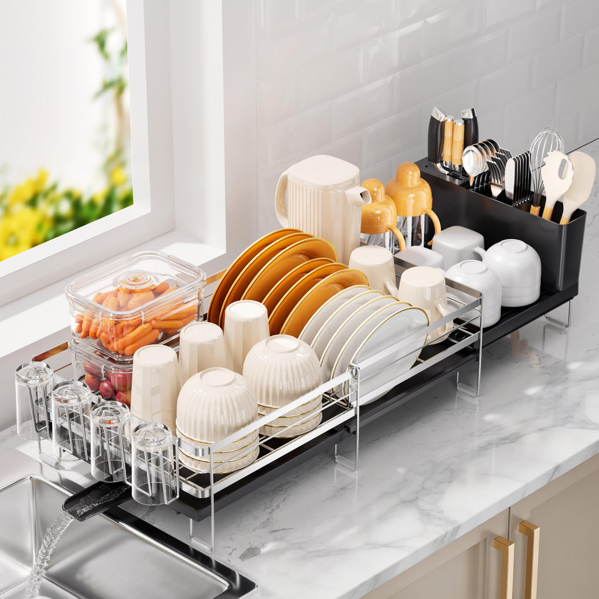 Stainless Steel Expandable Dish Drying Rack with Drainboard