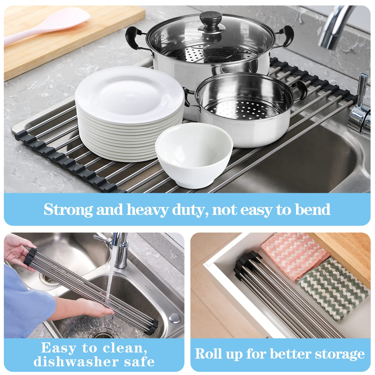 Roll Up Stainless Steel Dish Drying Rack with Silicone Edges