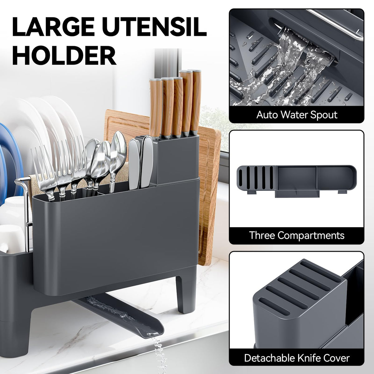 Expandable Stainless Steel and Aluminum Dish Drying Rack with Utensil Holder