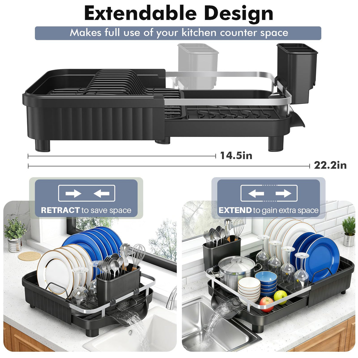 Expandable Stainless Steel Dish Drying Rack with Utensil Holder