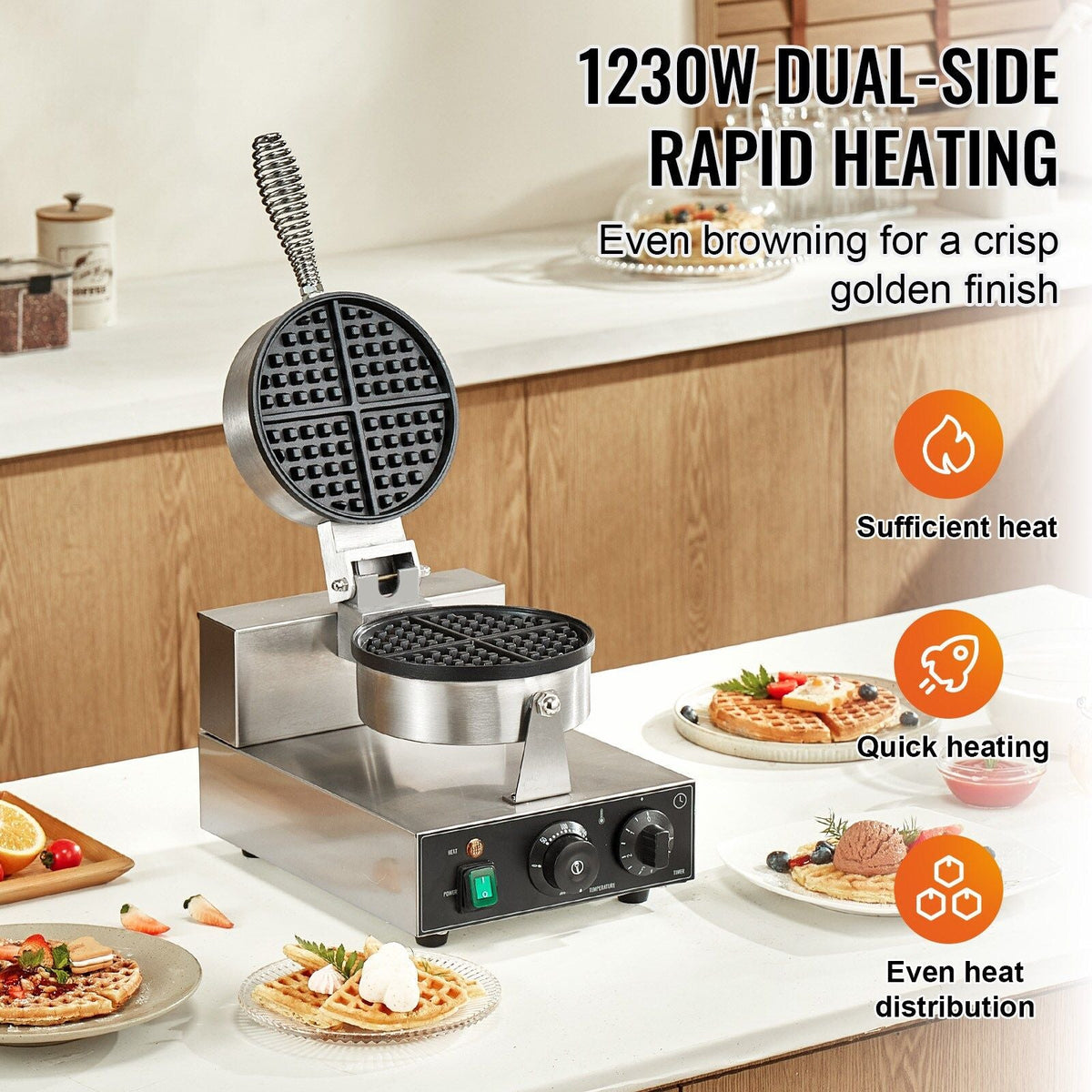 VEVOR 1230W Commercial Belgian Waffle Maker Stainless Steel