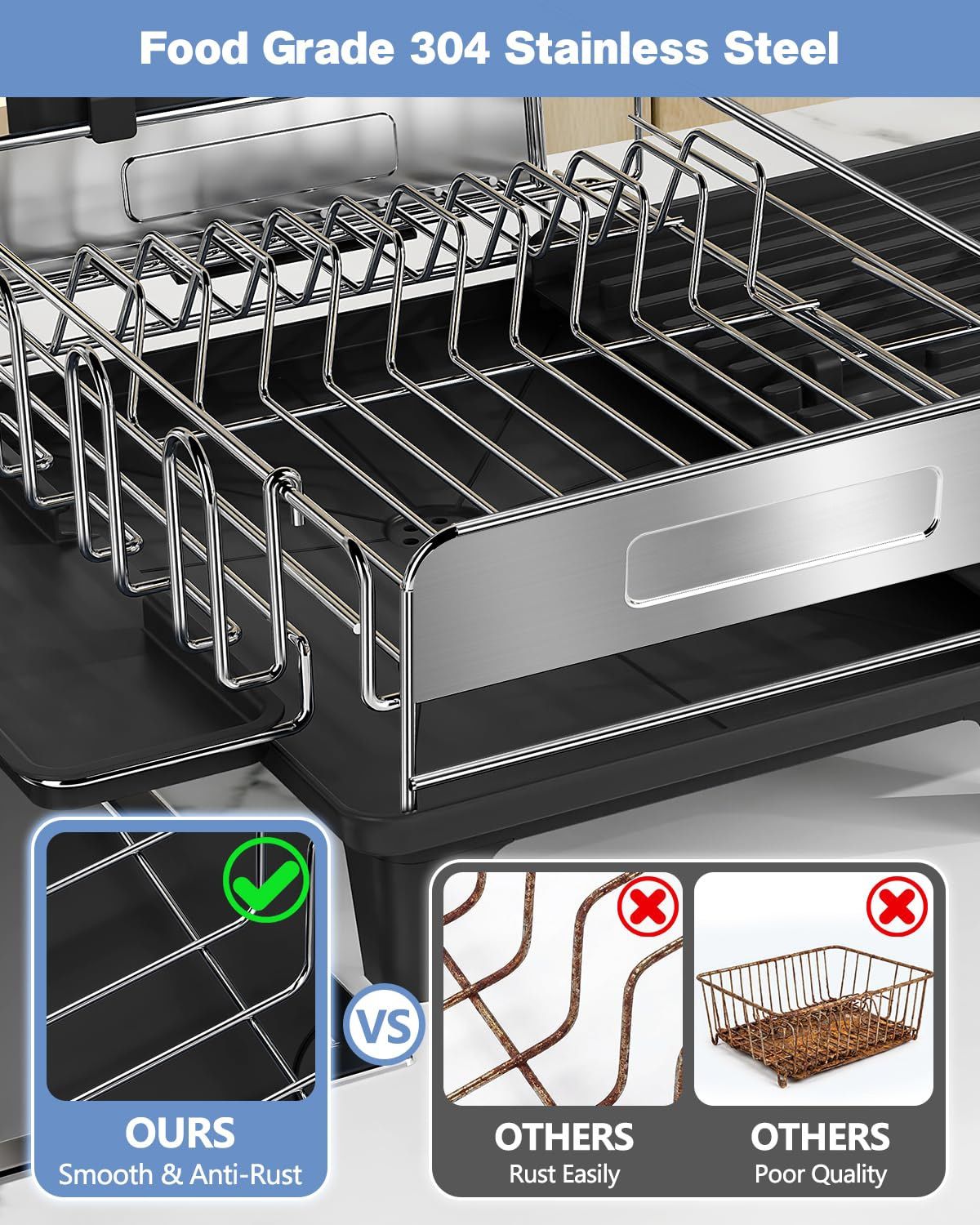 Expandable 304 Stainless Steel Dish Drying Rack with Retractable Drainboard