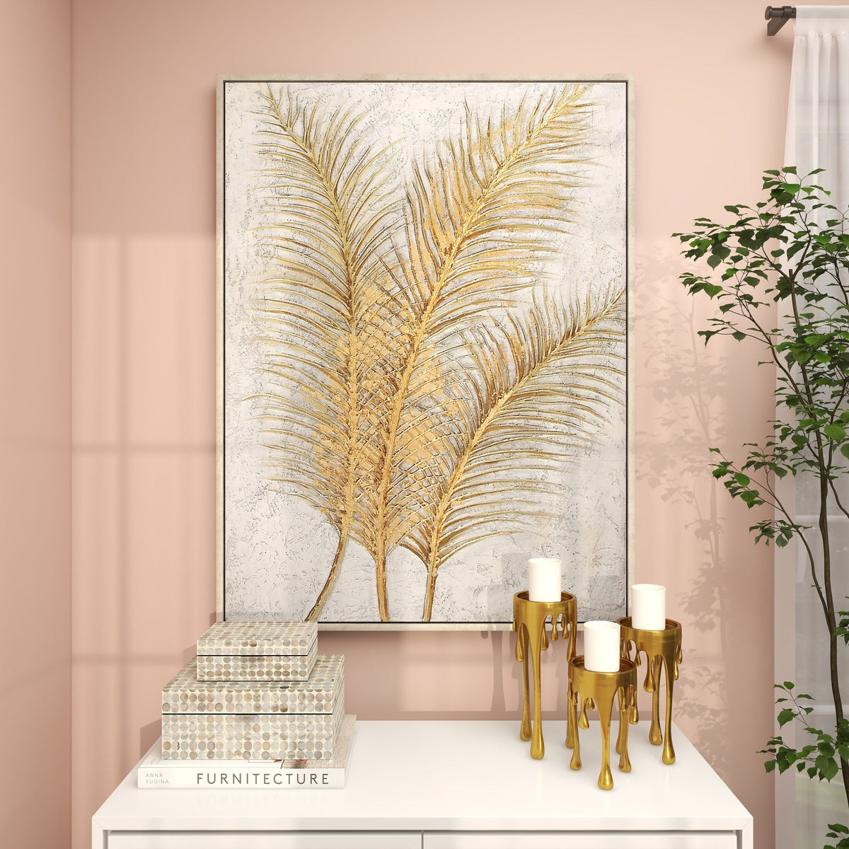 CosmoLiving by Cosmopolitan Gold Canvas Leaf Framed Wall Art 43978