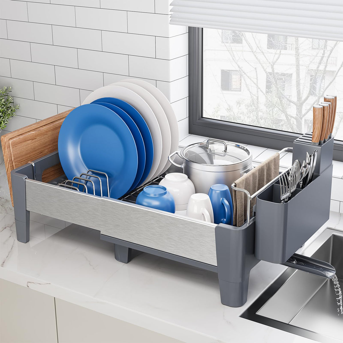 Expandable Stainless Steel and Aluminum Dish Drying Rack with Utensil Holder