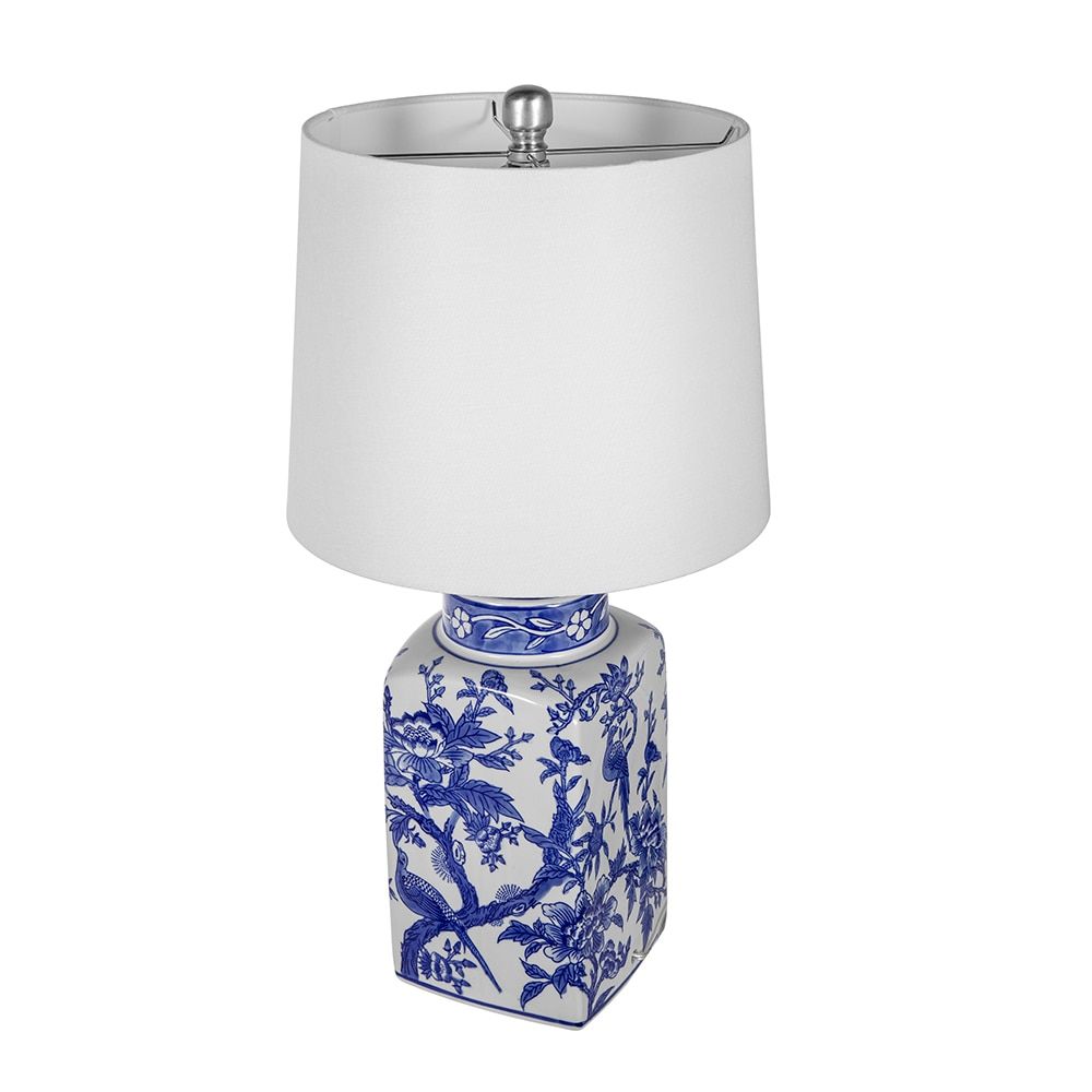 Misty Moon Blue and White Ceramic Vase Table Lamp with White Linen Shade