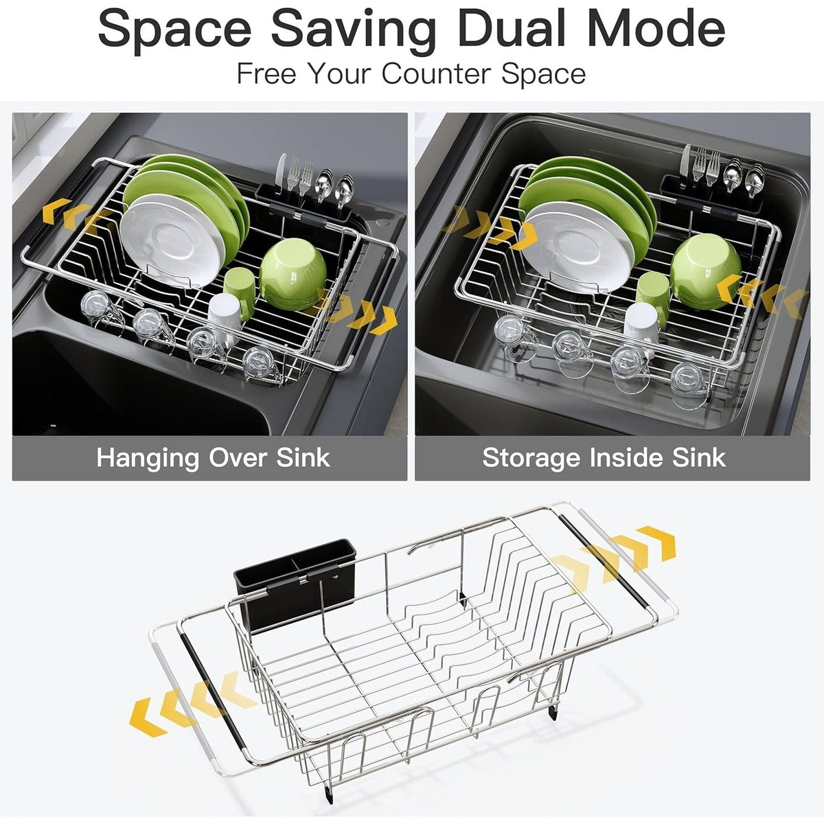 Expandable Stainless Steel Dish Drying Rack with Utensil Holder