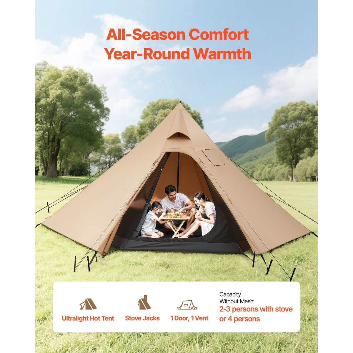 VEVOR Polyester 4-Person Camping Tipi Hot Tent with Stove Jack and Inner Tent