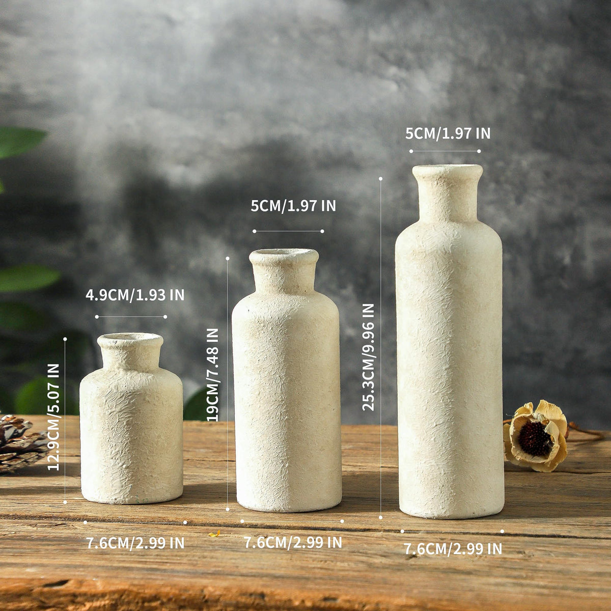 Whitewashed Neutral Ceramic Decorative Flower Vases Set