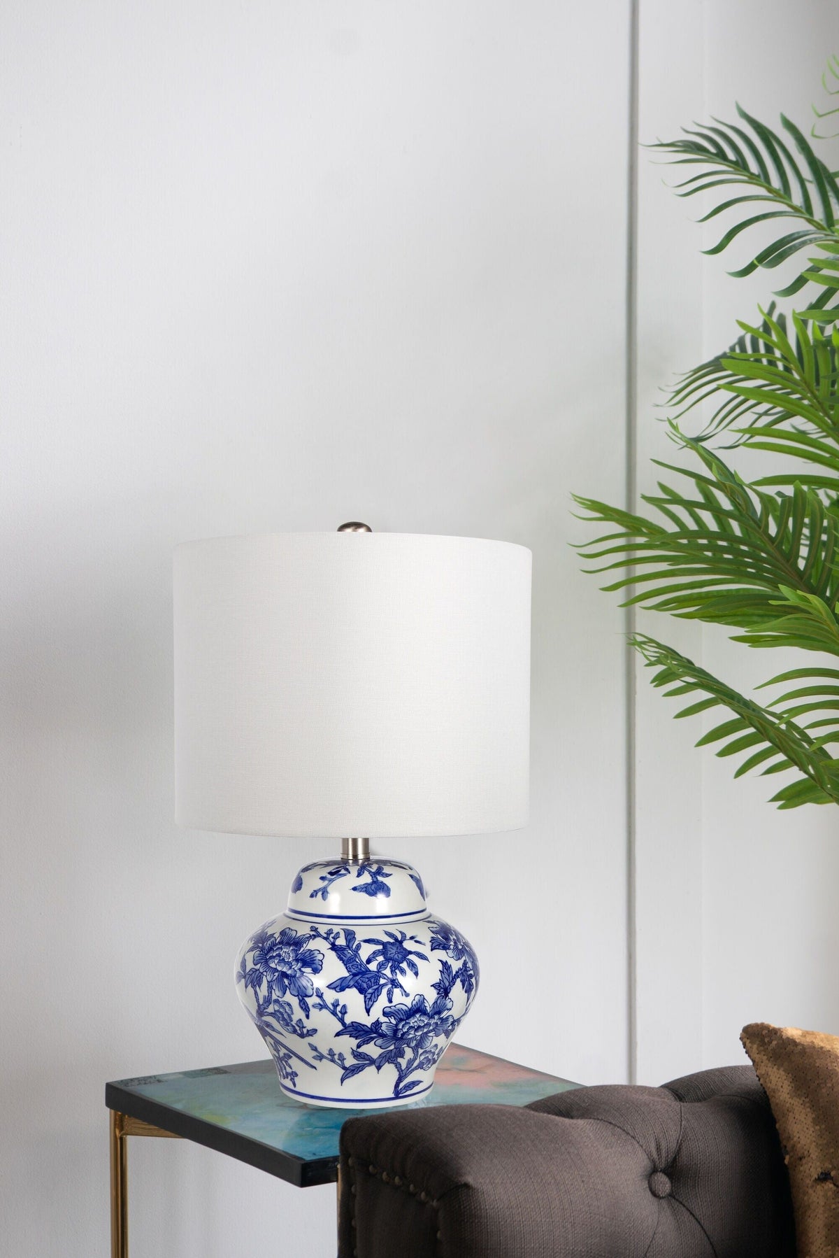 Blue and White Ceramic Vase Table Lamp with White Linen Shade