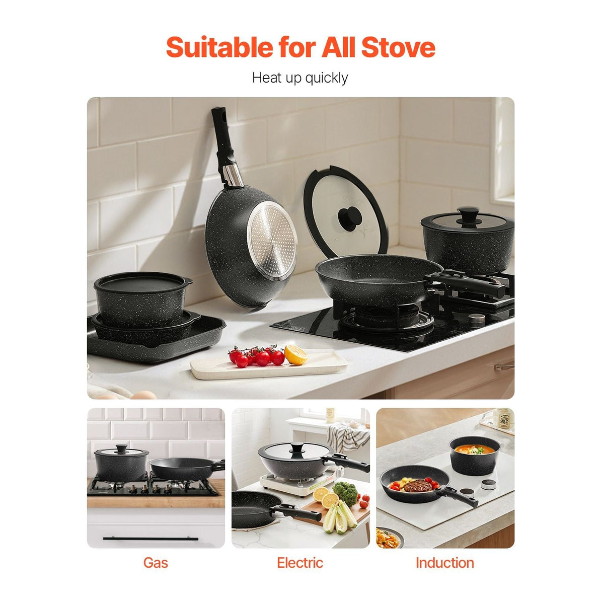 VEVOR 17-Piece Granite Nonstick Cookware Set with Lids Black