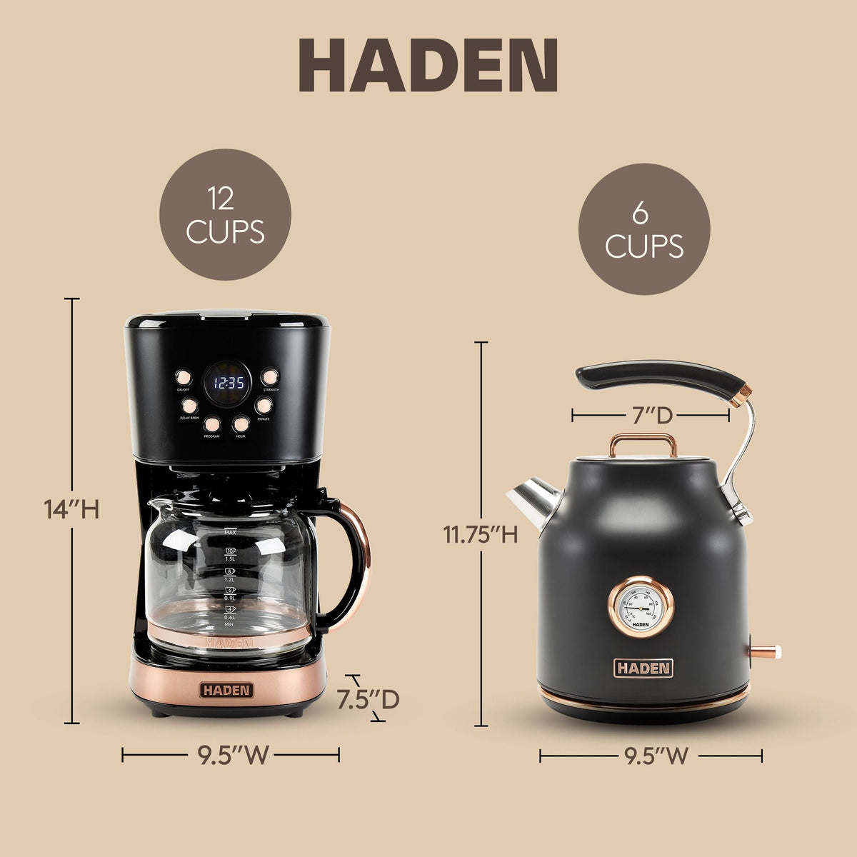 Haden Dorset 1.7L Kettle and 12-Cup Coffee Maker Black and Copper