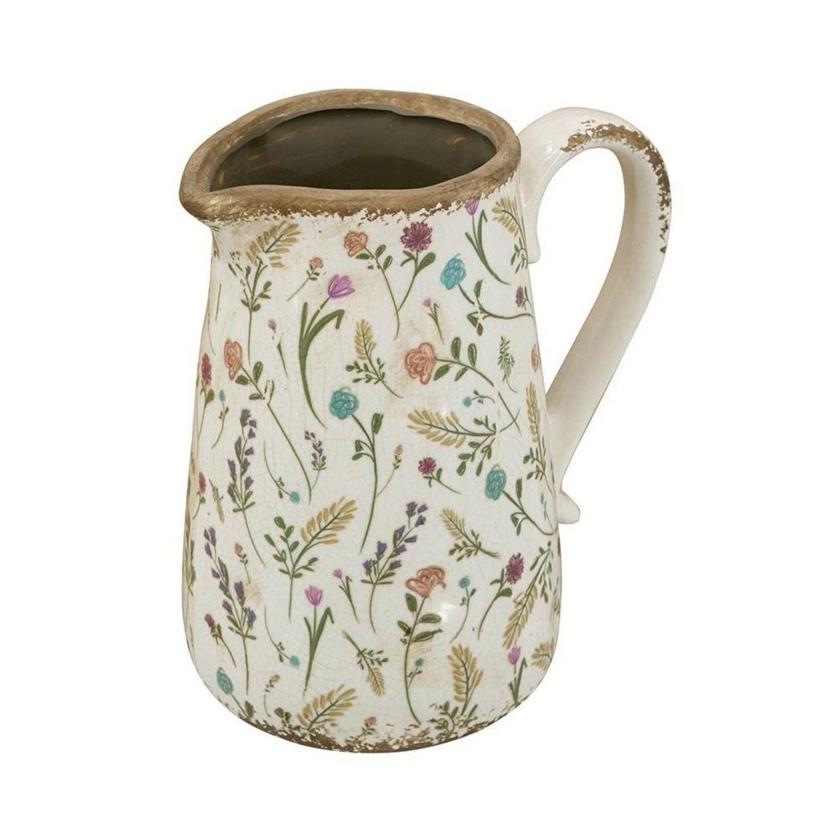 Ceramic Pitcher Vase with Floral Motif and Textured Rim