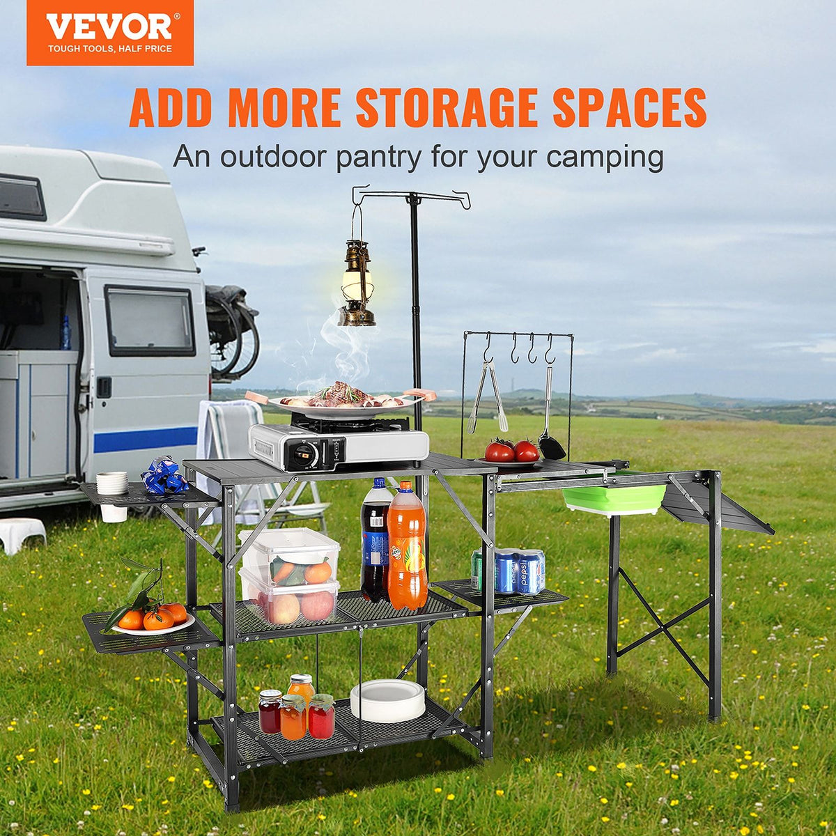 VEVOR Aluminum Folding Camping Table with Lamp Pole and Carry Bag