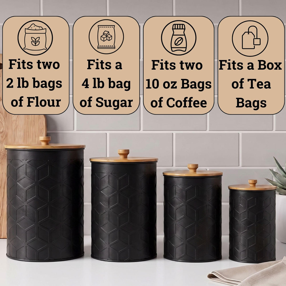 Black Textured Iron Kitchen Canisters Set of 4