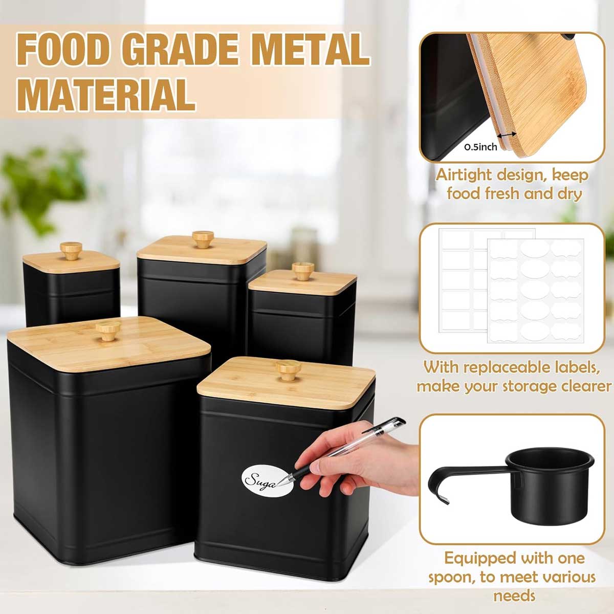 5-Piece Metal Kitchen Canister Set with Bamboo Lids