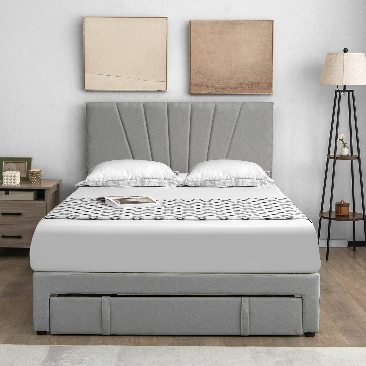 Full/Queen Size Upholstered Bed Frame with Drawer and Adjustable Headboard