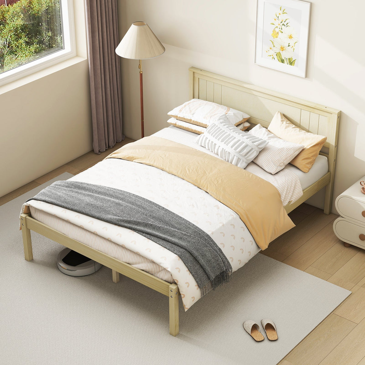 Twin/Full/Queen Size Wooden Bed Frame with Headboard and Slat Support