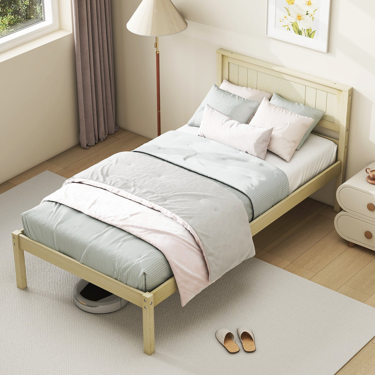 Twin/Full/Queen Size Wooden Bed Frame with Headboard and Slat Support