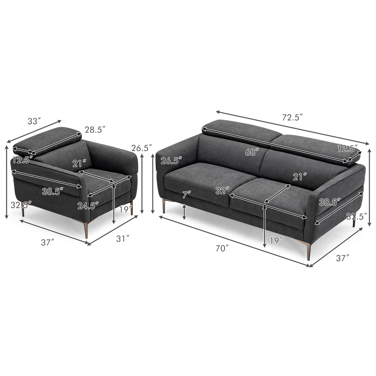 Modern Couched Sofa set with Adjustable Headrest