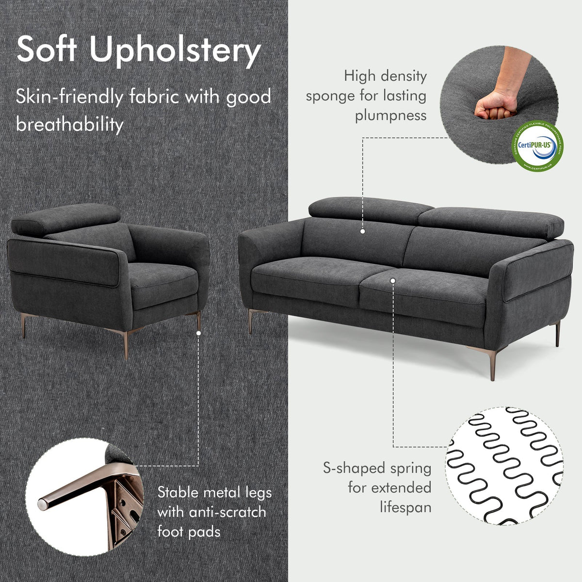 Modern Couched Sofa set with Adjustable Headrest