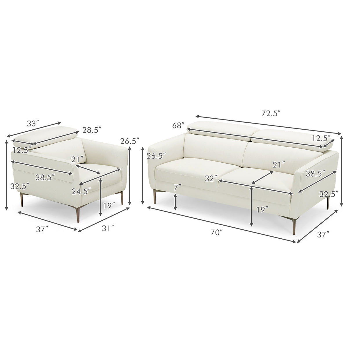 Modern Couched Sofa set with Adjustable Headrest