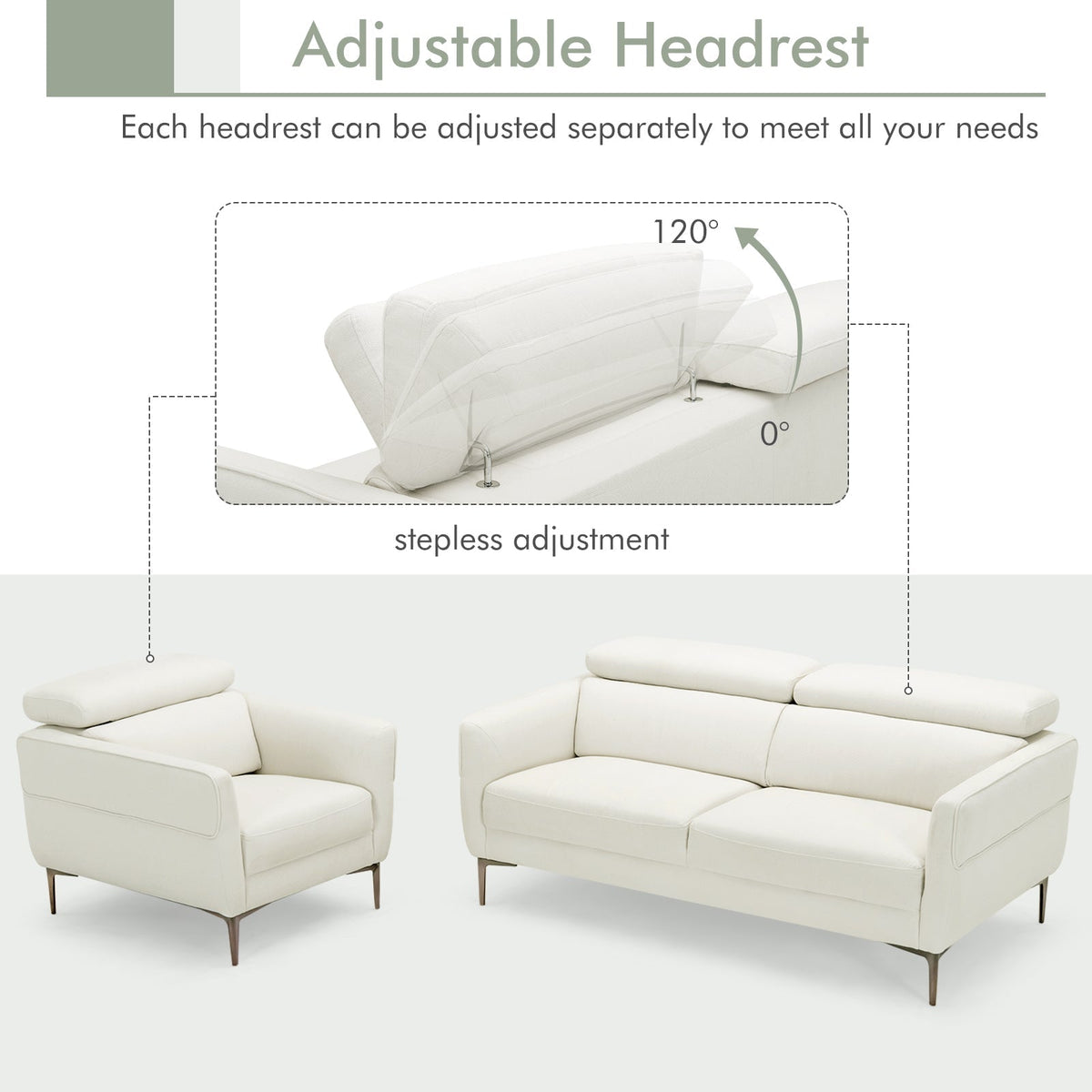 Modern Couched Sofa set with Adjustable Headrest