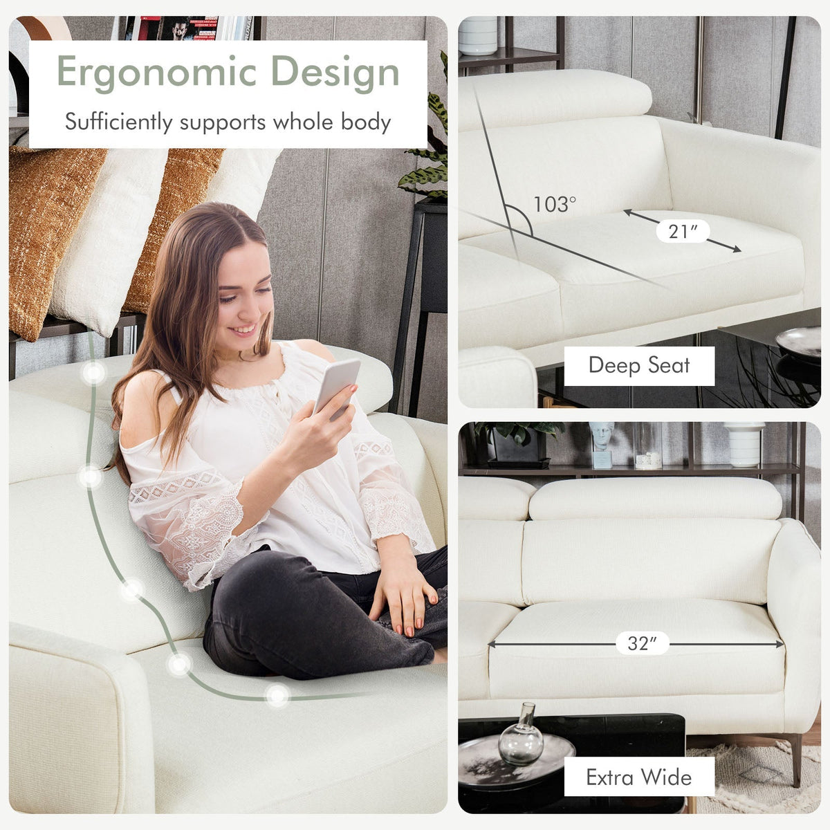 Modern Couched Sofa set with Adjustable Headrest