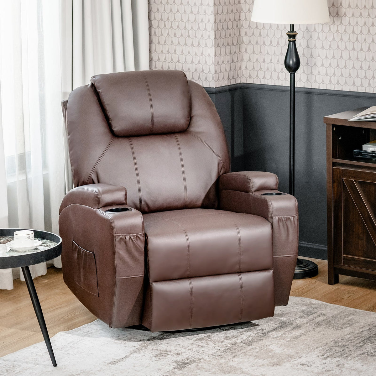 360-Degree Swivel Massage Recliner Chair with Remote Control for Home-Brown