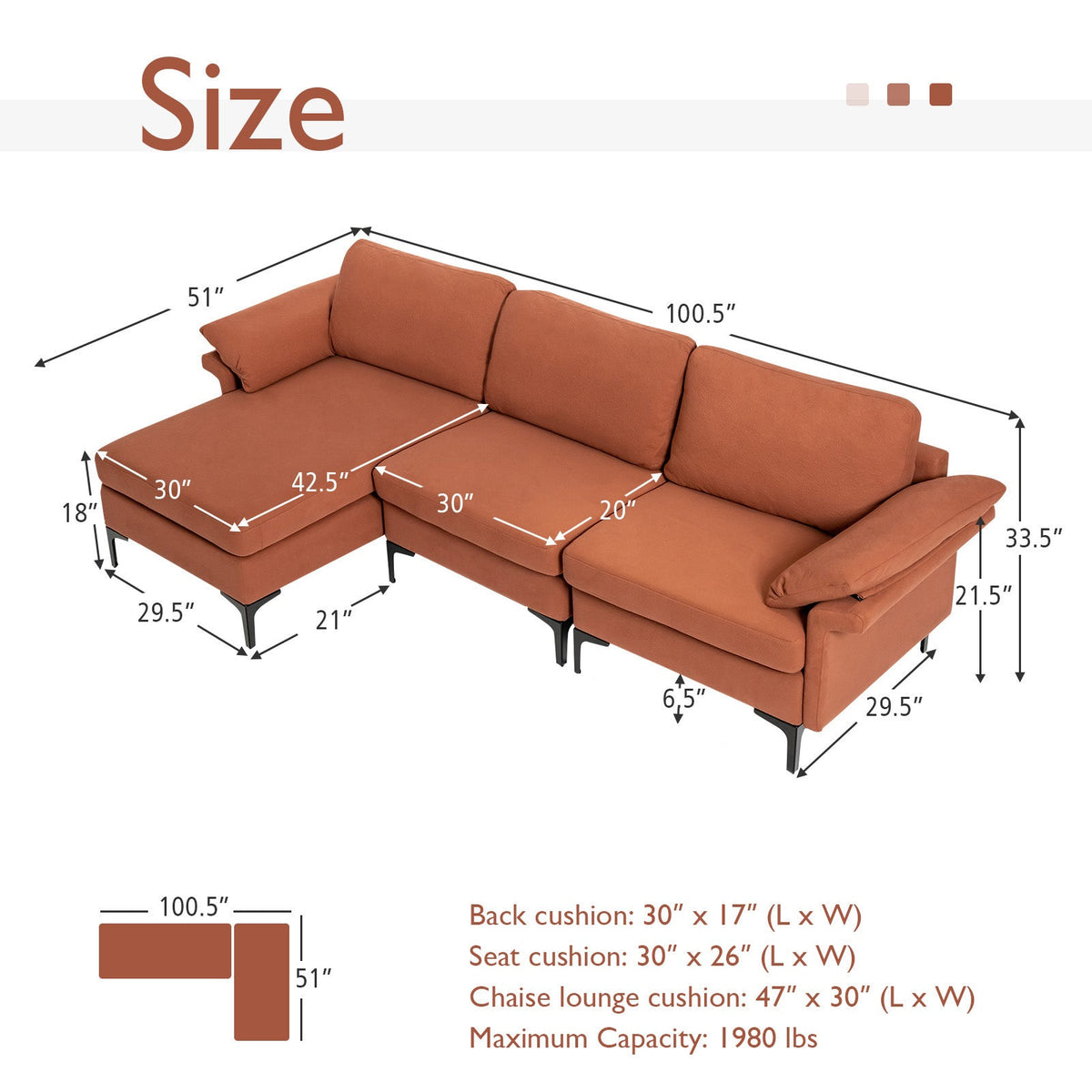 Extra Large Modular L-shaped Sectional Sofa with Reversible Chaise for 4-5 People