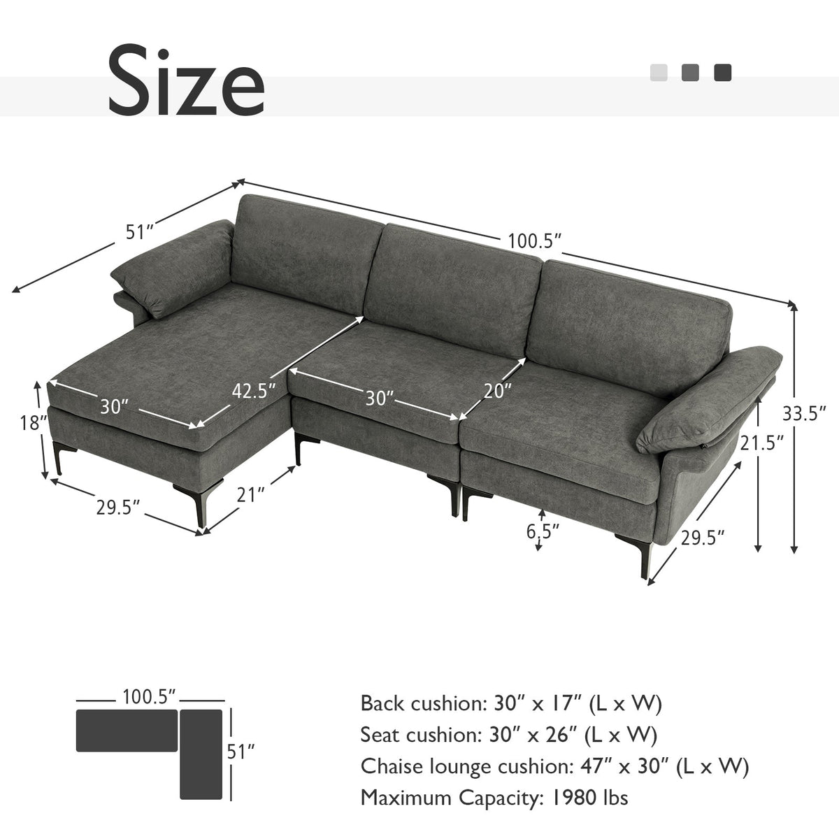 Extra Large Modular L-shaped Sectional Sofa with Reversible Chaise for 4-5 People