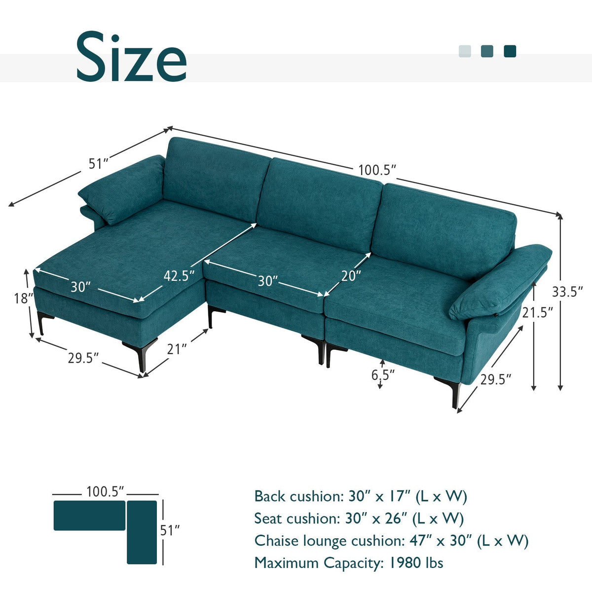 Extra Large Modular L-shaped Sectional Sofa with Reversible Chaise for 4-5 People