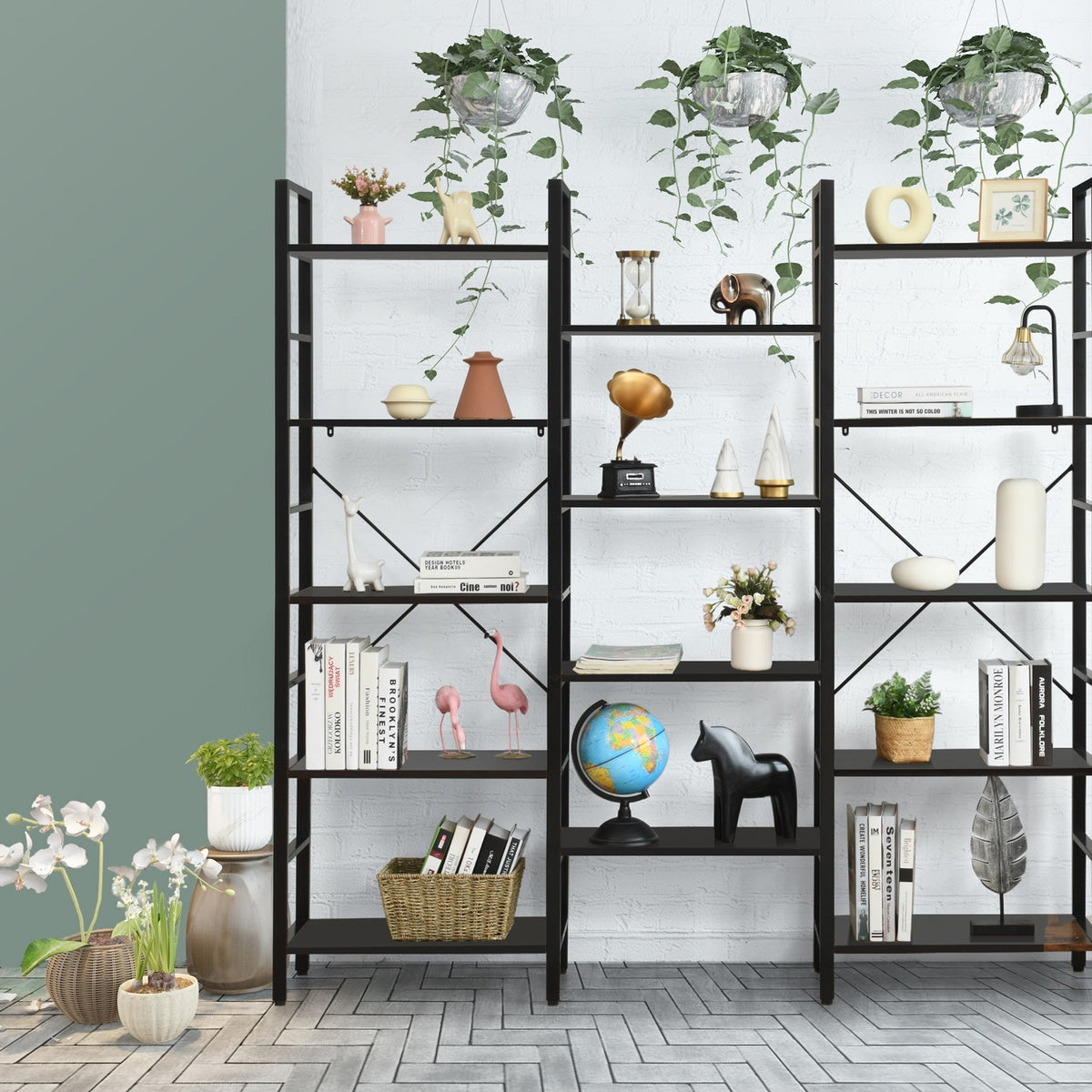 Vintage Triple Wide 5-Tier Bookcase Large Bookshelf Display Storage Shelf