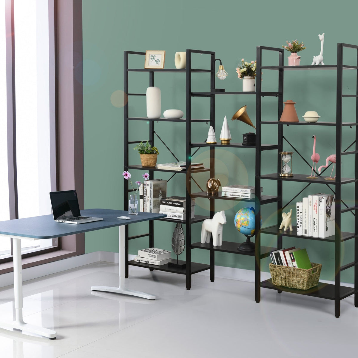 Vintage Triple Wide 5-Tier Bookcase Large Bookshelf Display Storage Shelf